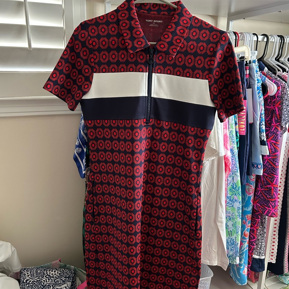 Tory Sport Red and Navy Geometric Dress